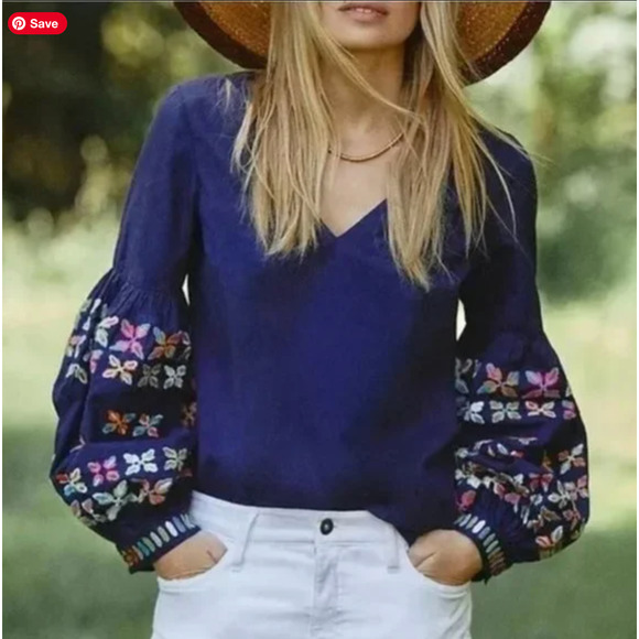 Anthropologie Maeve Sonja Embroidered Floral Sleeve Top - Picture 1 of 8